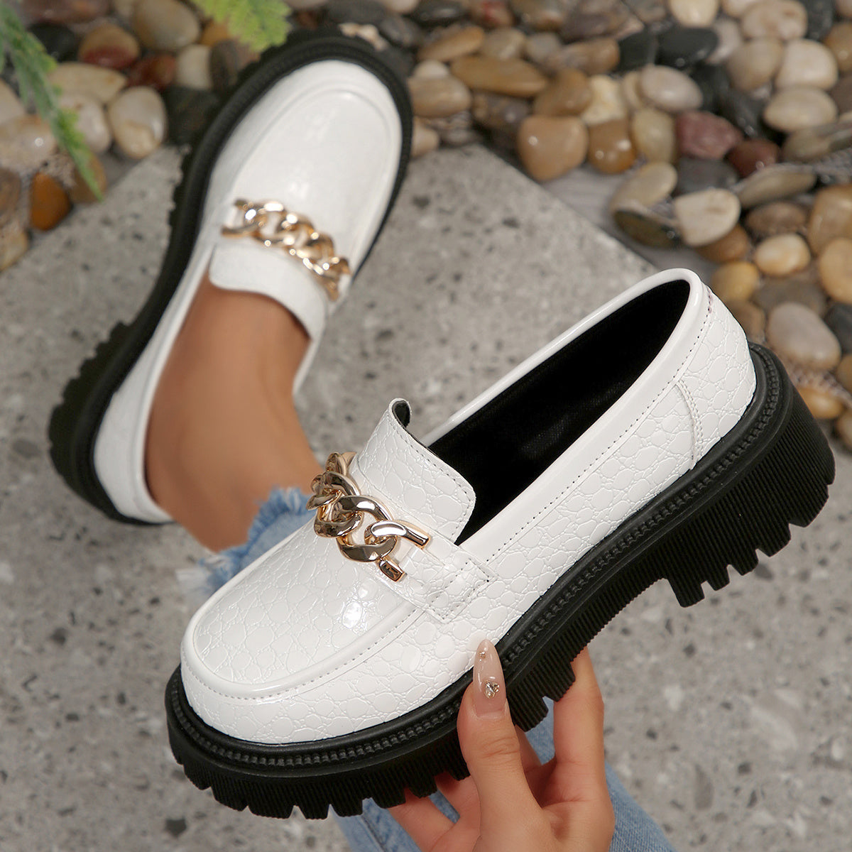 Mocassino chunky da donna con decorazione a catena – Scarpe slip-on alla moda per tutti i giorni e ufficio