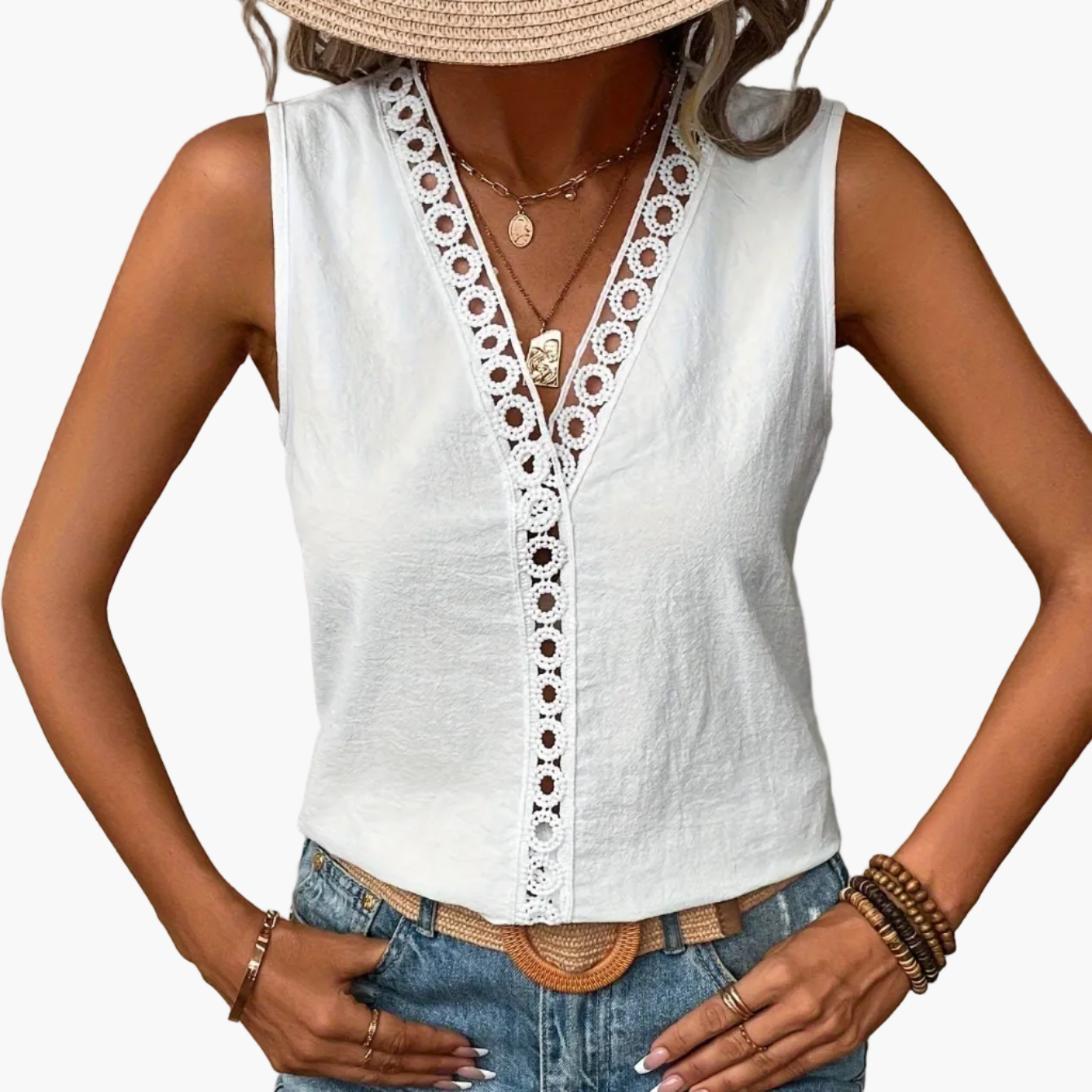 Top sans manches en dentelle pour femme, style bohème, printemps et été, col en V, détente et vacances
