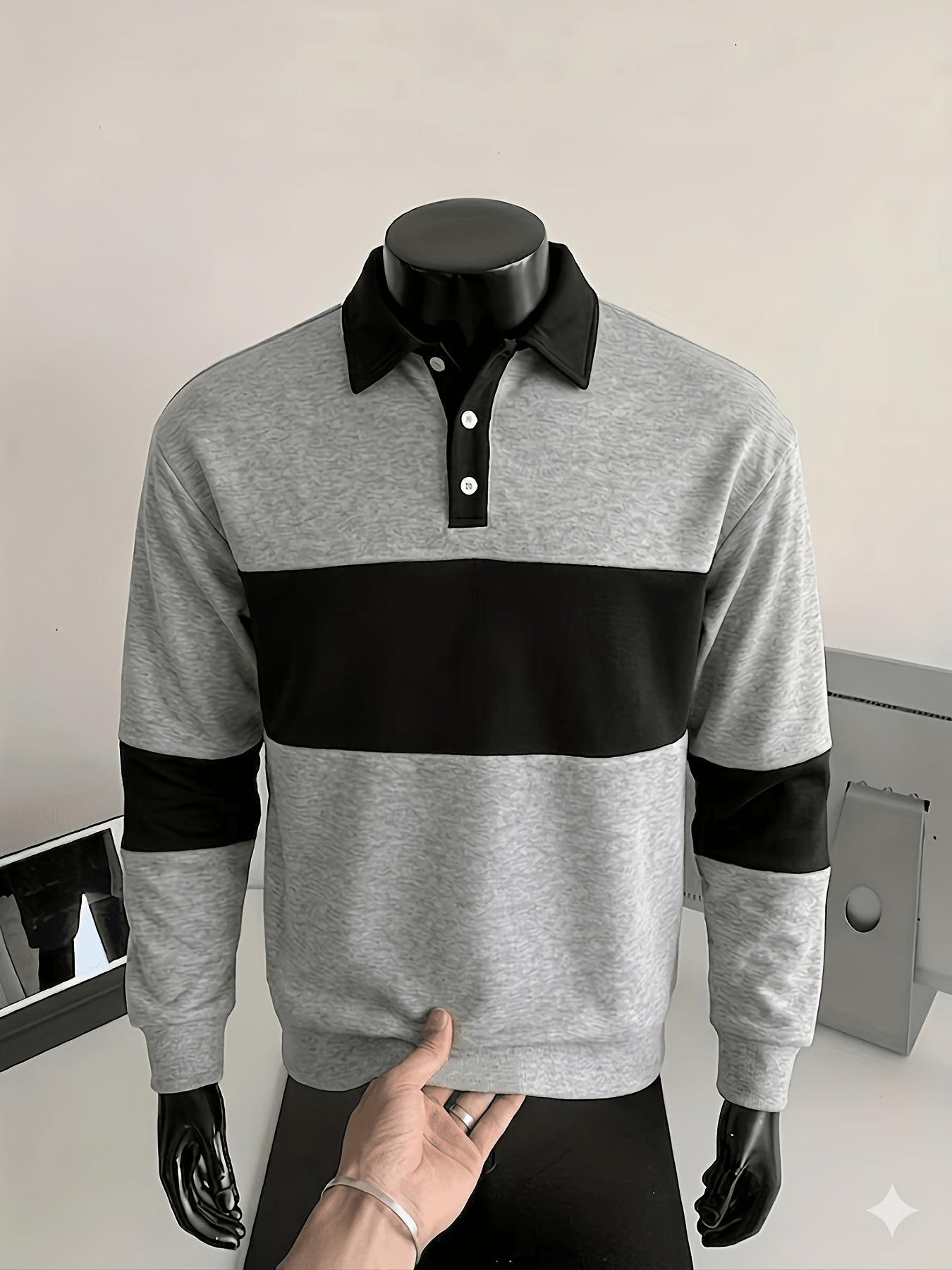 Polo da uomo a maniche lunghe, a righe, con colletto