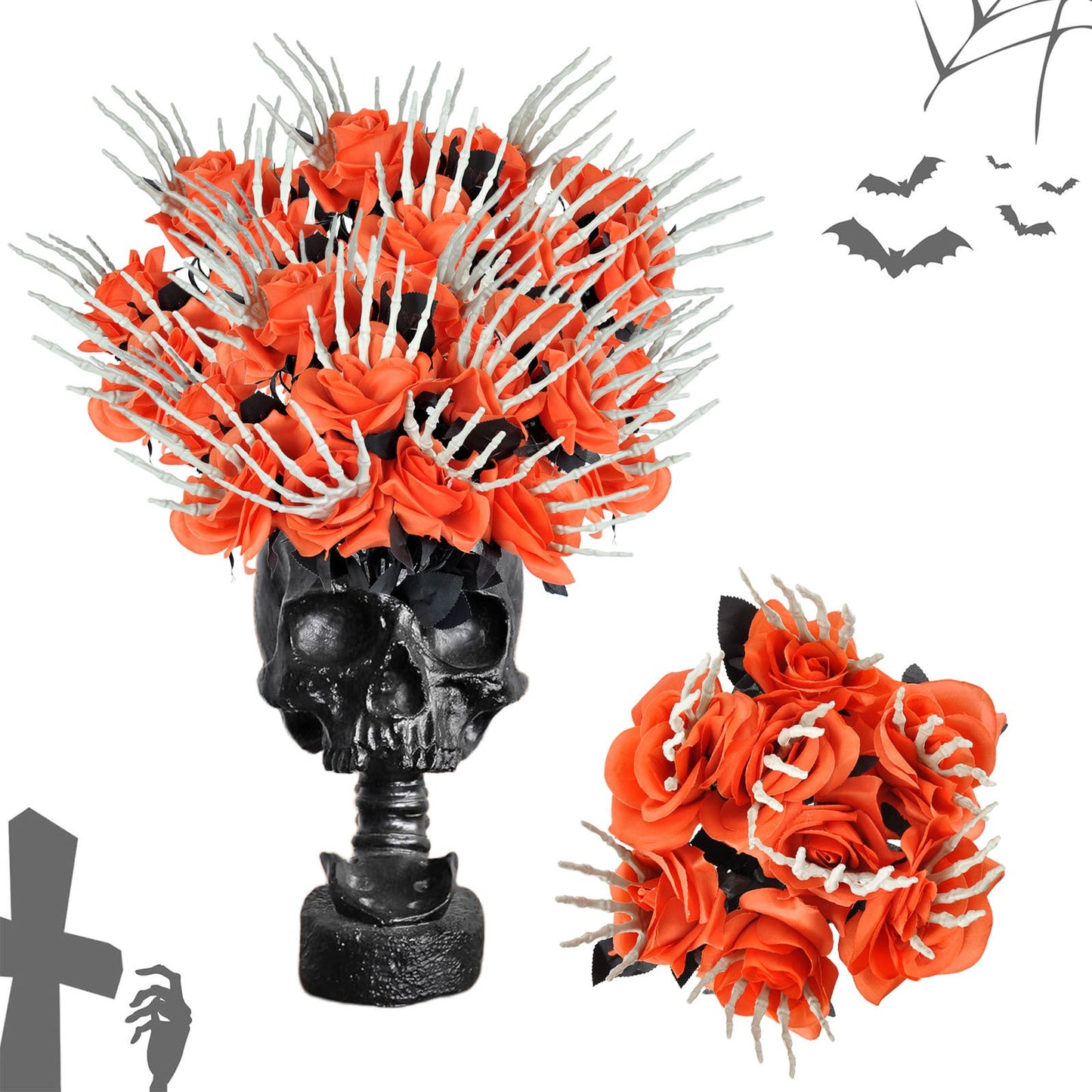 Decorazione di Halloween Rose artificiali con mano scheletro – Decorazione spaventosa per feste di Halloween