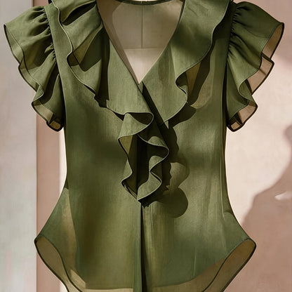 Damevolantbluse med V-hals og volanger – Elegant chiffongbluse for kontor og kveld