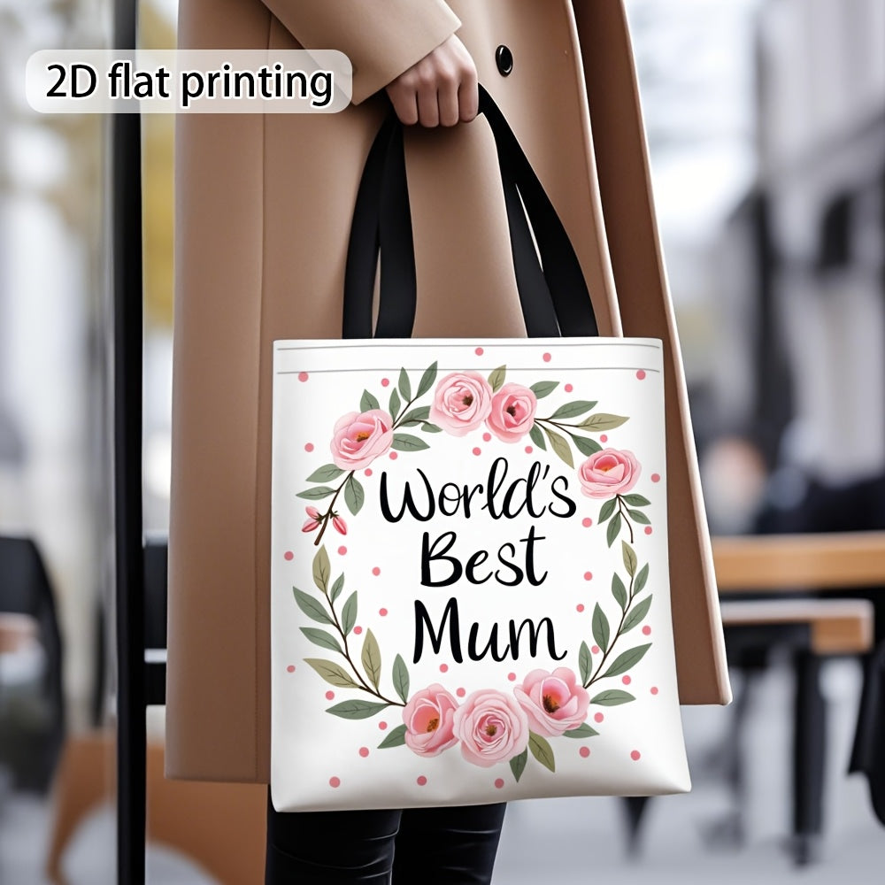Damen Shopper Tasche – Stilvolle Tragetasche mit Blumenkranz und Aufschrift 'World's Best Mum' – Perfektes Geschenk für Mütter