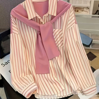 Camisa de rayas para mujer con cuello anudado en rosa