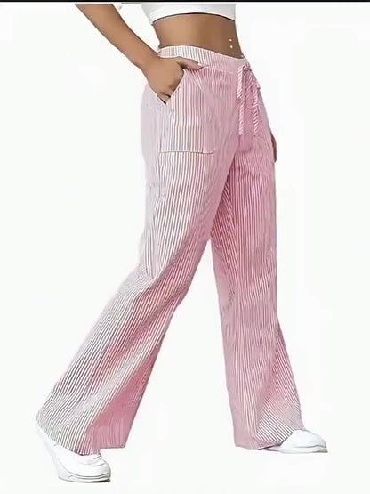 Damskie spodnie w szerokie paski z troczkiem – swobodne spodnie na wiosnę i lato