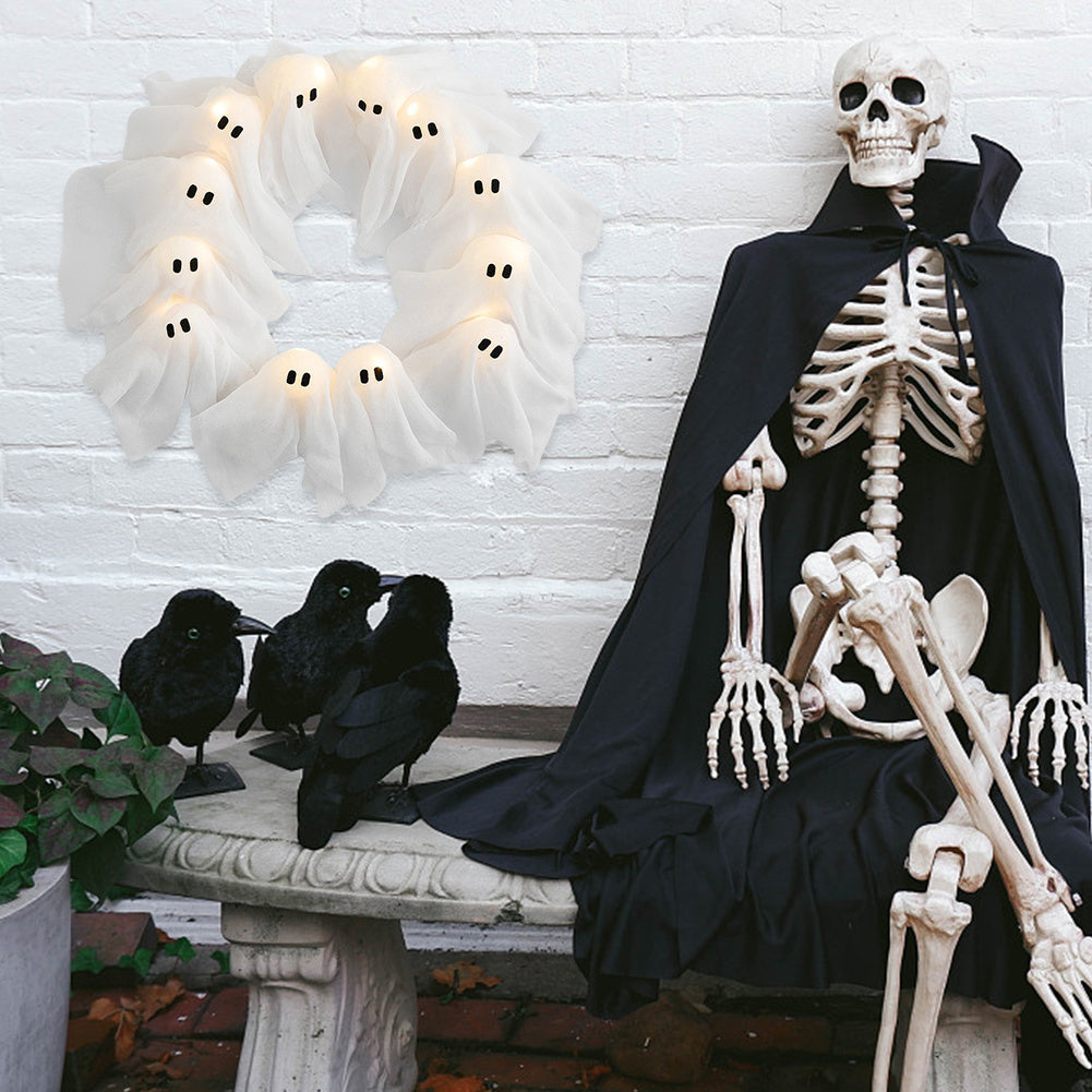 Couronne de porte Halloween avec lumières fantômes – Décoration pour fêtes Halloween et maison hantée