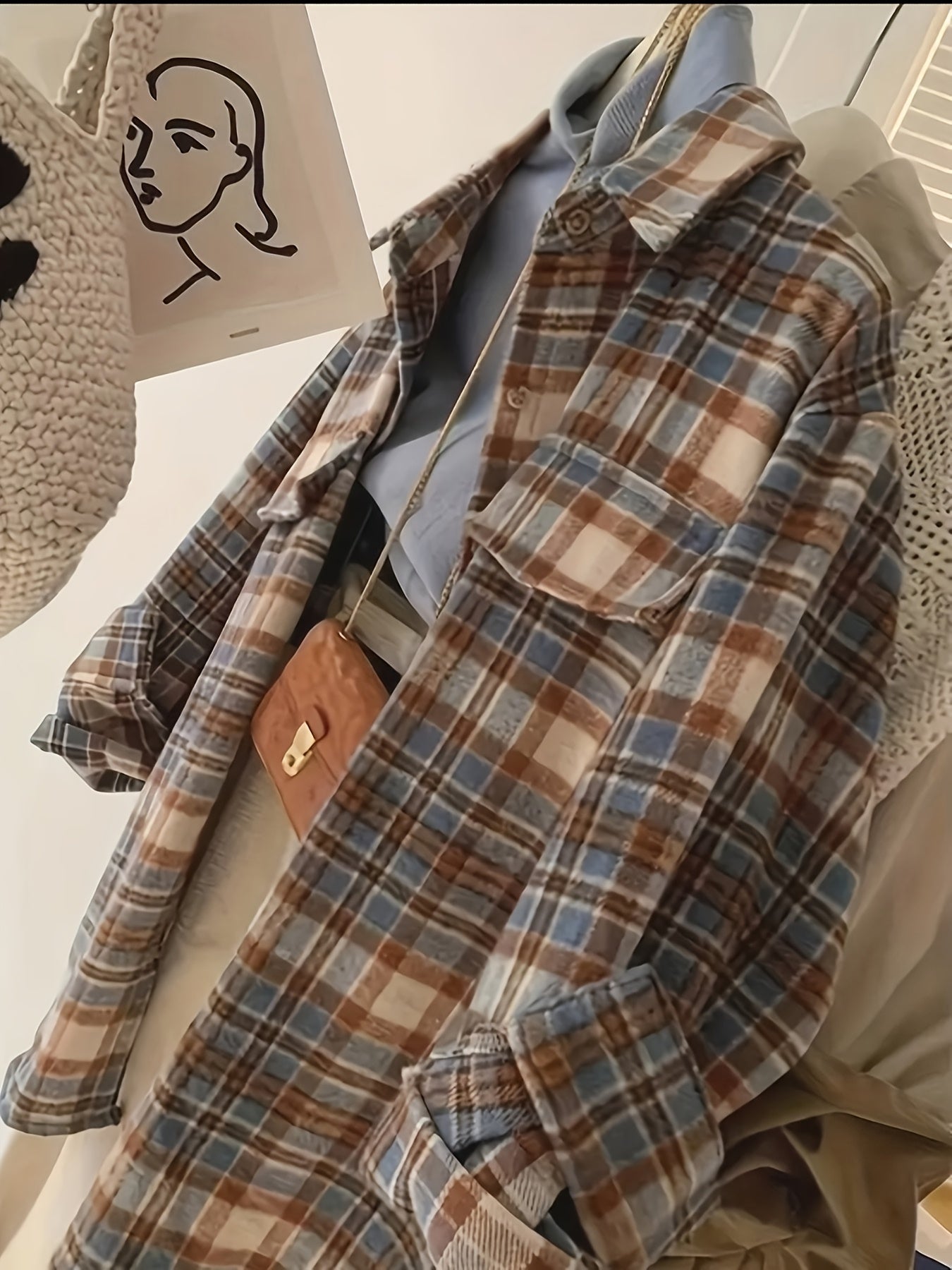 Shacket oversize da donna a quadri beige, blu e marrone