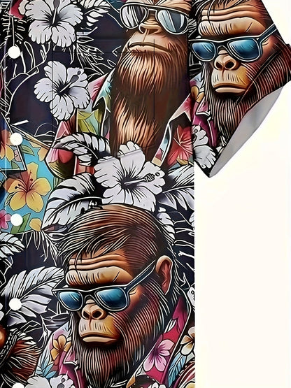 Chemise hawaïenne homme avec motif singe et imprimé floral – Chemise d'été amusante pour loisirs et fête