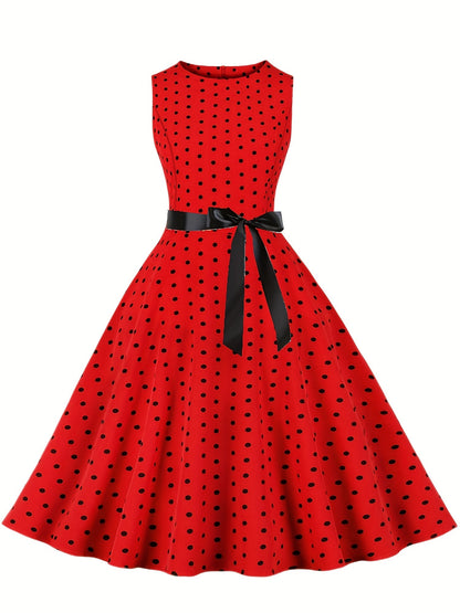 Damen Vintage Polka Dot Fit & Flare Partykleid mit Gürtel, ärmellos, Retro Sommerkleid