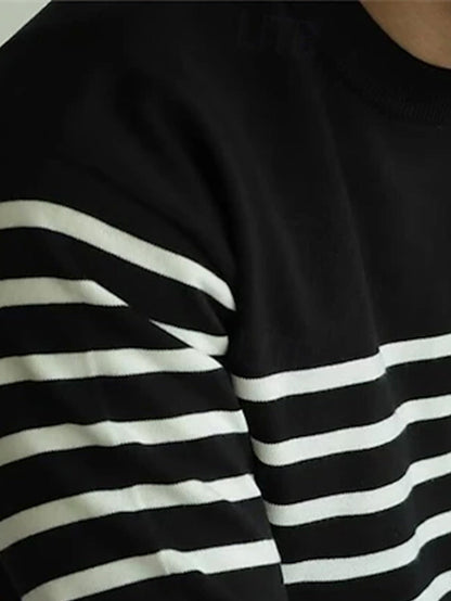Herren Langarmshirt Gestreift Schwarz-Weiß Rundhals