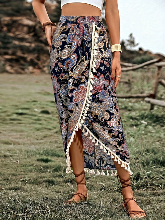 Falda cruzada bohemia para mujer con estampado de paisley y borlas – Falda midi para verano, ocio y festival
