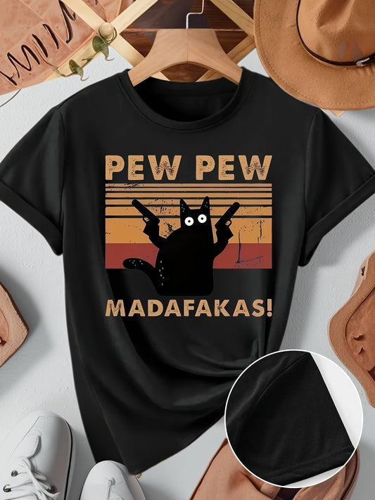 Dames T-shirt met grappige kattenprint en tekst "Pew Pew Madafakas" – vintage stijl, korte mouw, zomer, vrijetijd