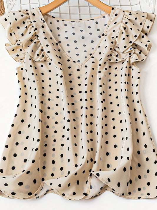 Blusa de lunares para mujer con mangas de volante y escote en V – Estilo elegante y femenino para oficina y tiempo libre