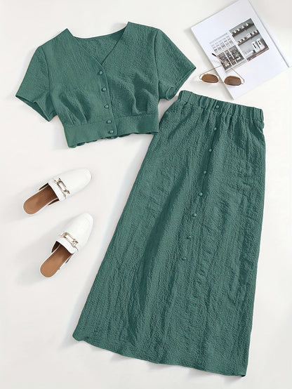 Dame To-delt Sæt – Elegant Fritidsoutfit med Croptop og Midi Nederdel, Moderne & Alsidigt