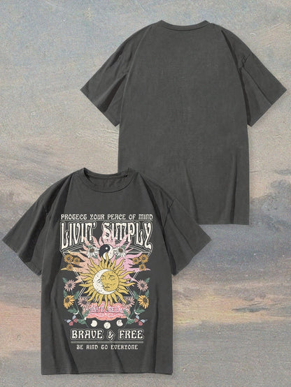 Dame Vintage Grafisk T-skjorte – Boho-stil, Modig & Fri, Kortermet, Sommer