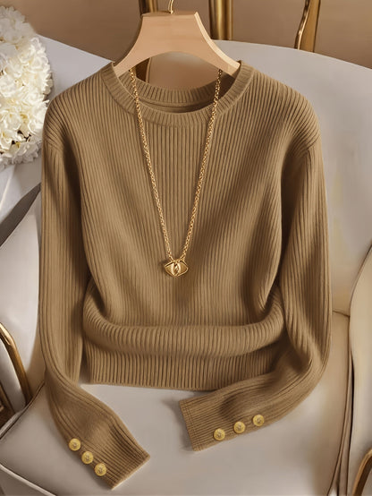 Gerippter Damen Pullover Rundhals Langarm mit Zierknöpfen
