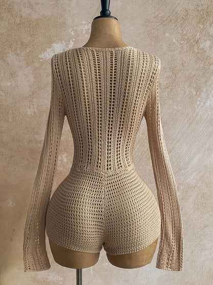 Mono bohemio de punto y crochet para mujer con cordones y escote pronunciado – Perfecto para vacaciones en la playa o eventos de verano