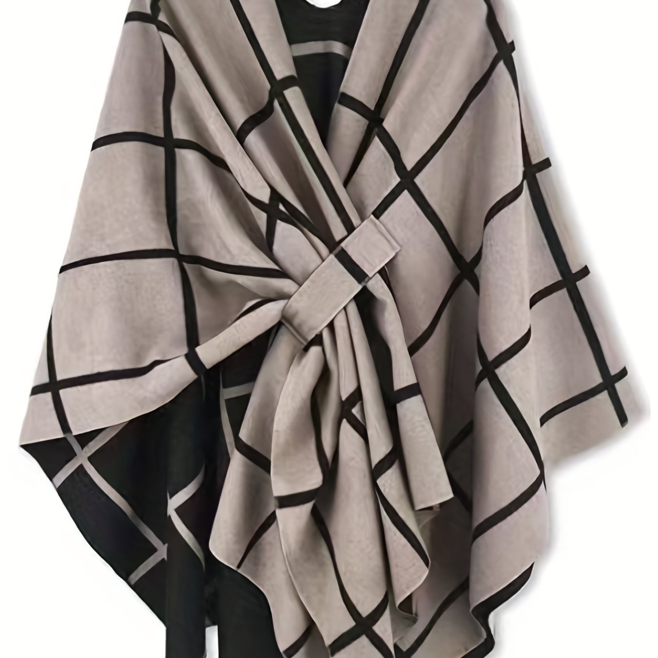 Poncho mit Karomuster und Bindegürtel, Beige Schwarz