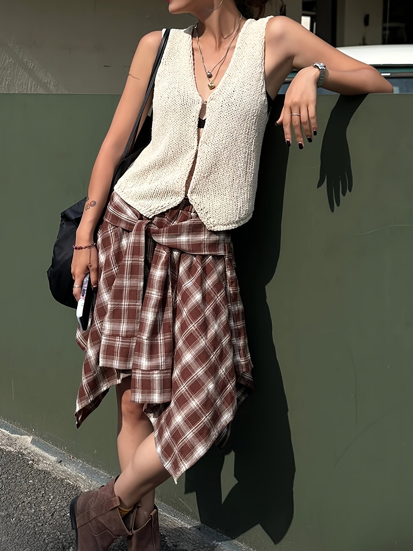 Gonna asimmetrica a quadri da donna in stile camicia per streetwear e tempo libero