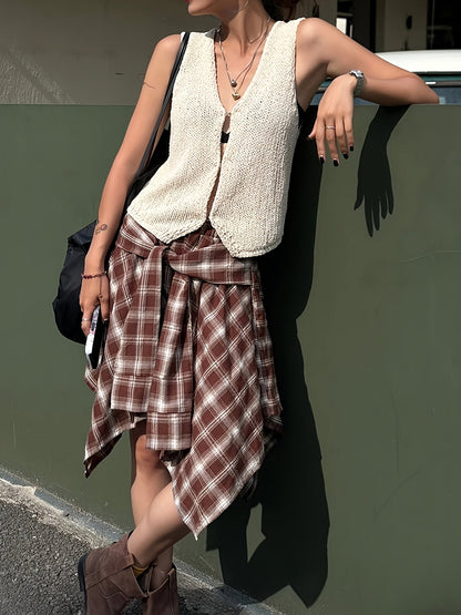 Gonna asimmetrica a quadri da donna in stile camicia per streetwear e tempo libero