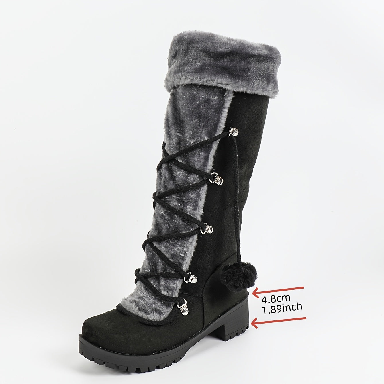 Damen Winterstiefel Schwarz mit Plüschbesatz & Pompons, seitlicher Reißverschluss