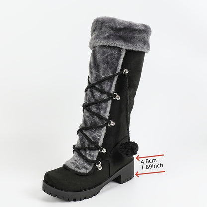 Damen Winterstiefel Schwarz mit Plüschbesatz & Pompons, seitlicher Reißverschluss