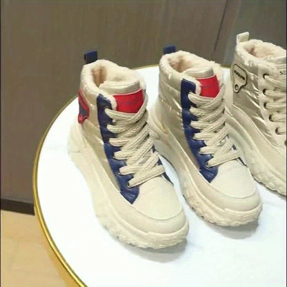Winterstiefeletten Damen Beige Gefüttert Plateau Sohle