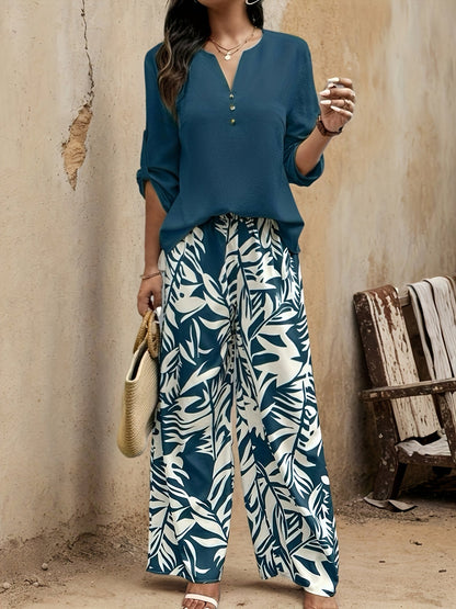 Abbigliamento casual elegante da donna con motivo tropicale – Camicetta e pantaloni larghi, perfetti per primavera e estate