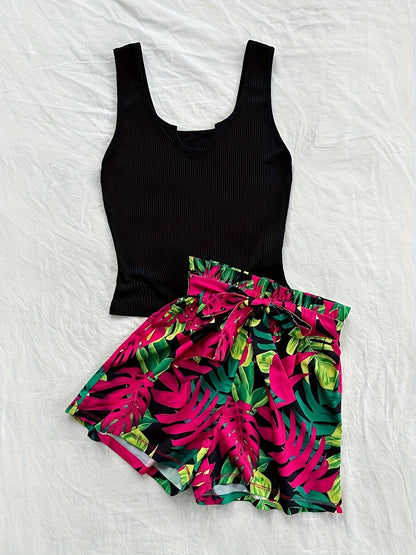 Set estivo donna due pezzi – Top canotta alla moda & pantaloncini paperbag tropicali – Perfetto per vacanze e tempo libero
