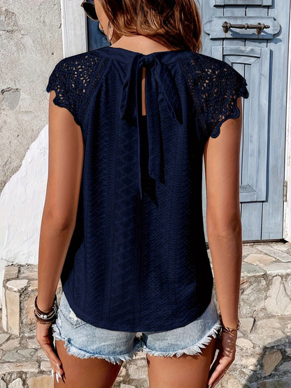 Damen Spitzenbluse mit Rückenschleife und Häkelärmeln – Sommer Casual Oberteil