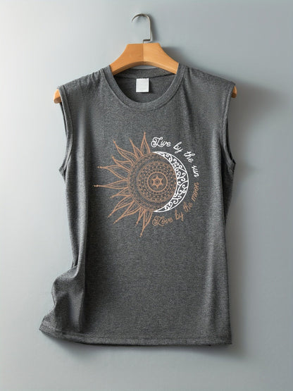 Dames tanktop met mandala zon- en maanprint – boho zomer vrijetijdsshirt