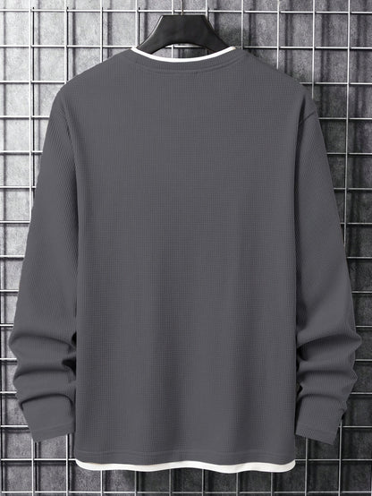Langærmet herre-T-shirt med rund hals og strukturmønster i sort