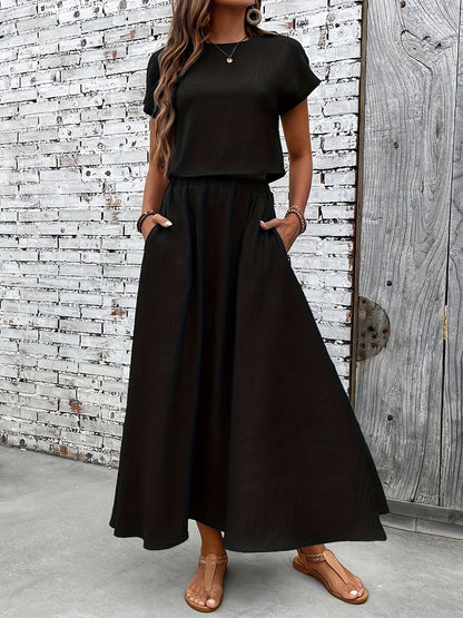 Dame todelt sæt maxi nederdel & kortærmet crop top elegant sommeroutfit