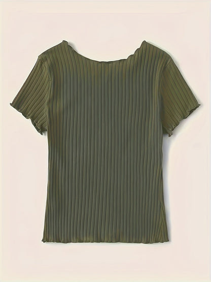 Damen Basic Kurzarm Shirt mit Rippstruktur und Wellensaum – Stilvolles Alltagsoberteil