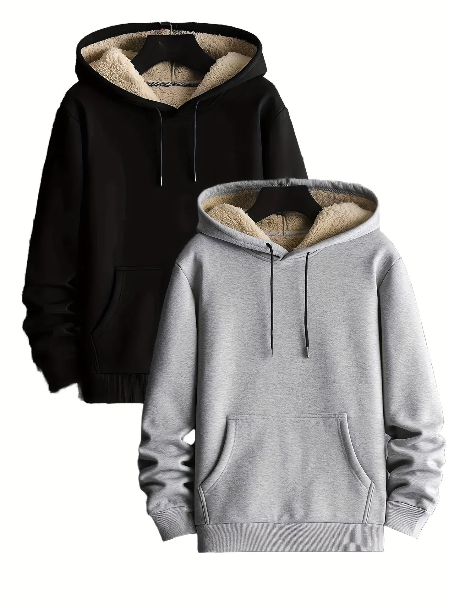 Pack de dos sudaderas con capucha forradas, en colores lisos y con bolsillo canguro – conjunto de sudaderas cálido