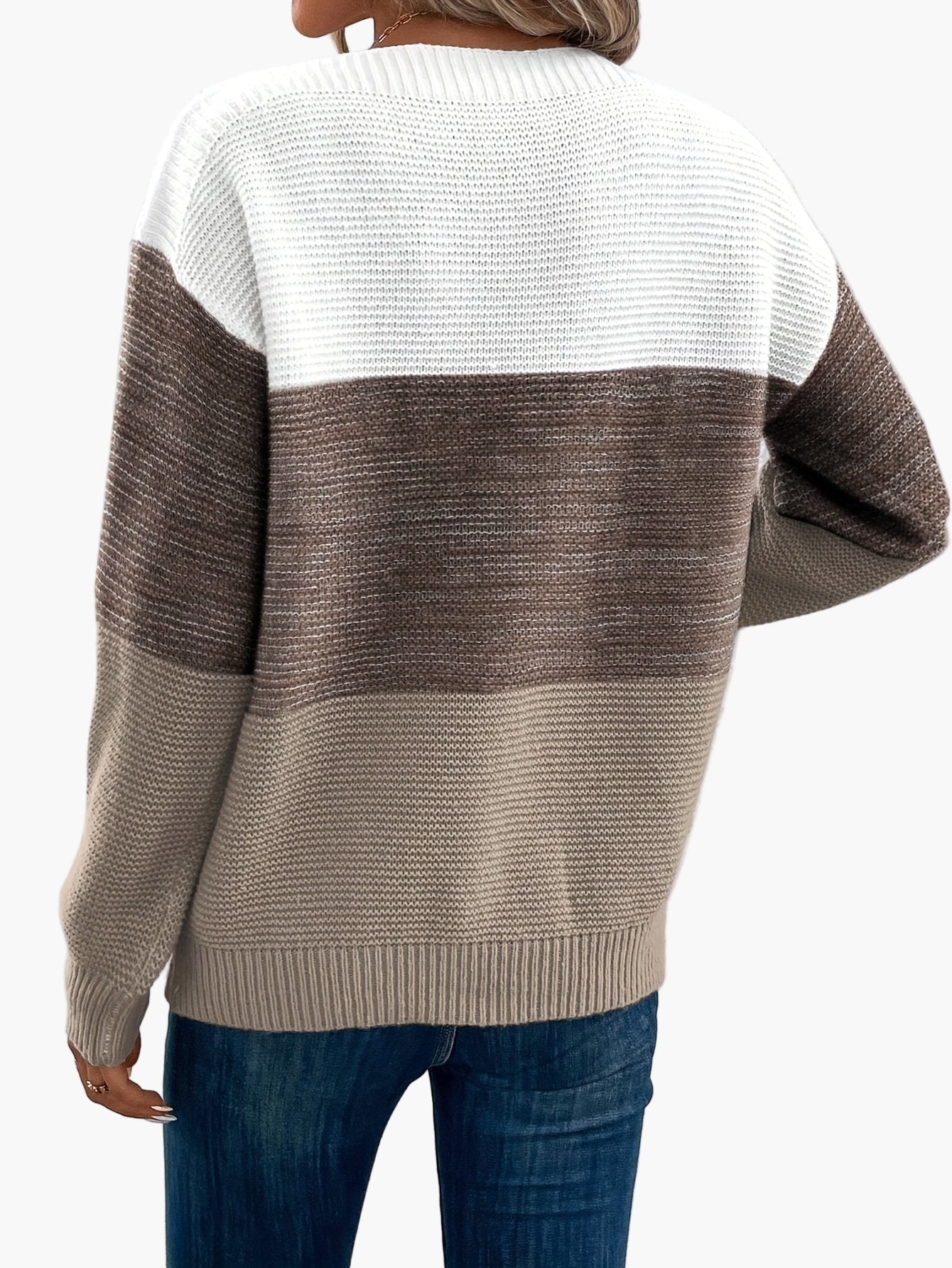 Damski sweter dziany w designie colorblock – Elegancki look na czas wolny na jesień i zimę