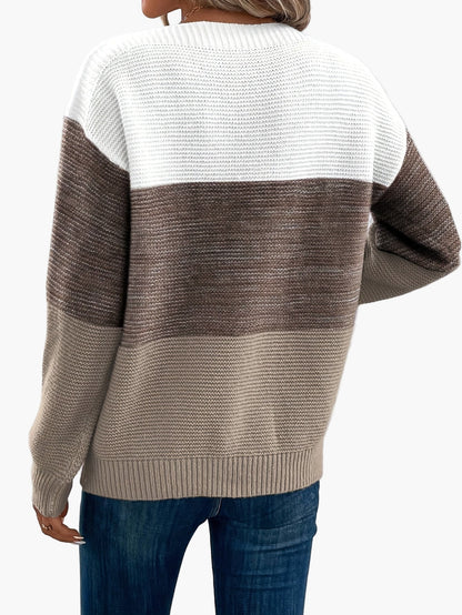 Damski sweter dziany w designie colorblock – Elegancki look na czas wolny na jesień i zimę