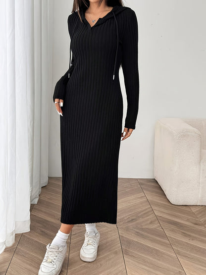 Damen Geripptes Kapuzenkleid Langarm Schwarz