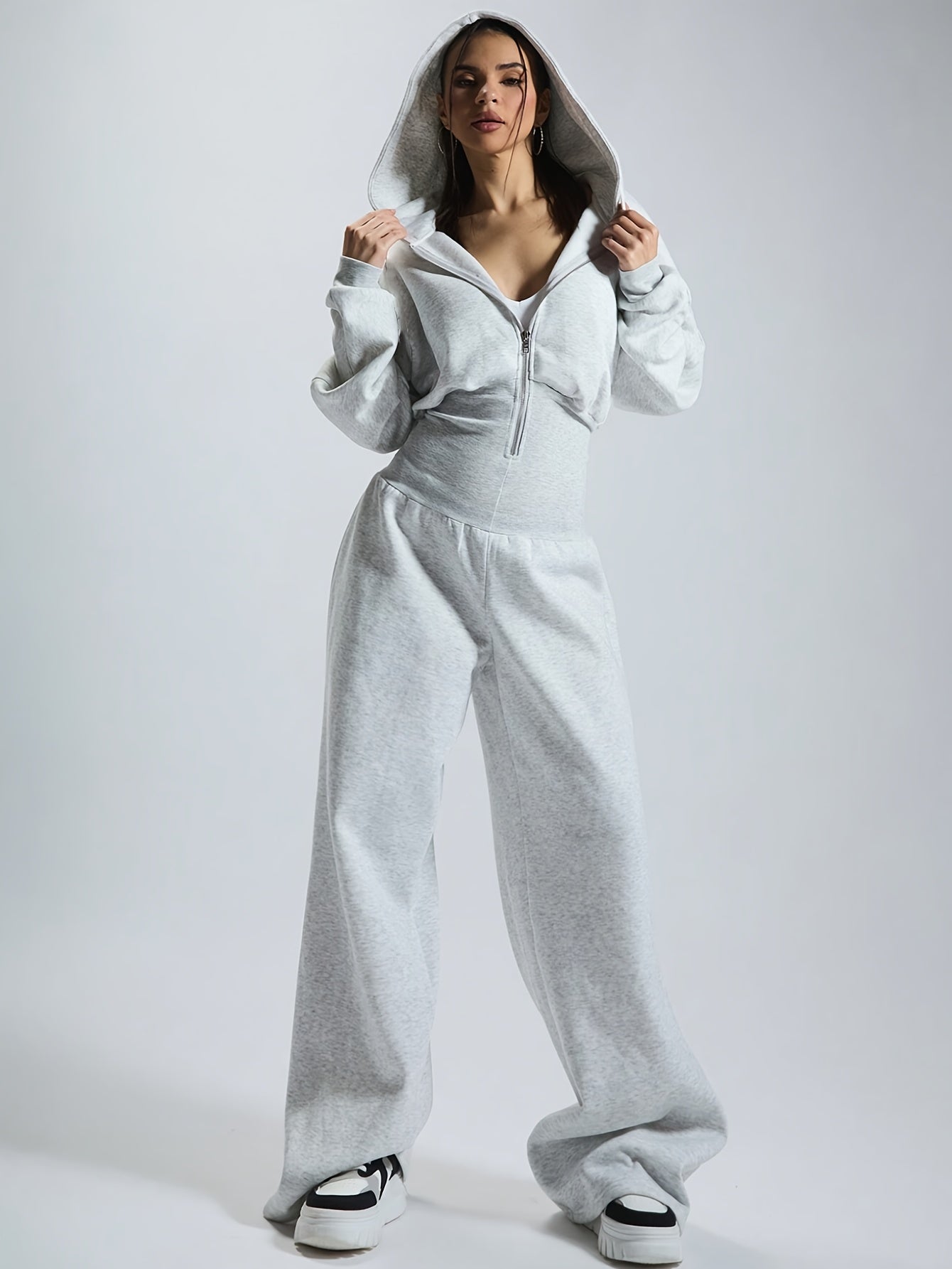Damesjumpsuit met capuchon, wijde pijpen, rits, beige