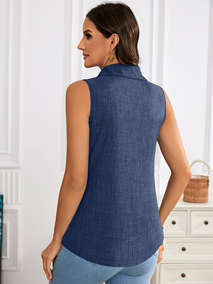 Top blouse femme sans manches élégant avec patte de boutonnage – été loisirs affaires
