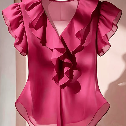 Damevolantbluse med V-hals og volanger – Elegant chiffongbluse for kontor og kveld