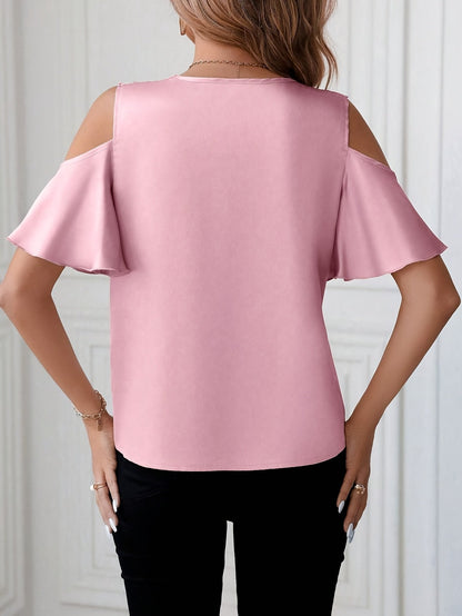 Damen Schulterfreie Bluse mit Spitzen-Detail und Flatterärmeln – Eleganter Alltags- und Ausgehstil
