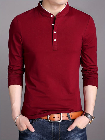 Herren Langarm Poloshirt Stehkragen Henley Stil