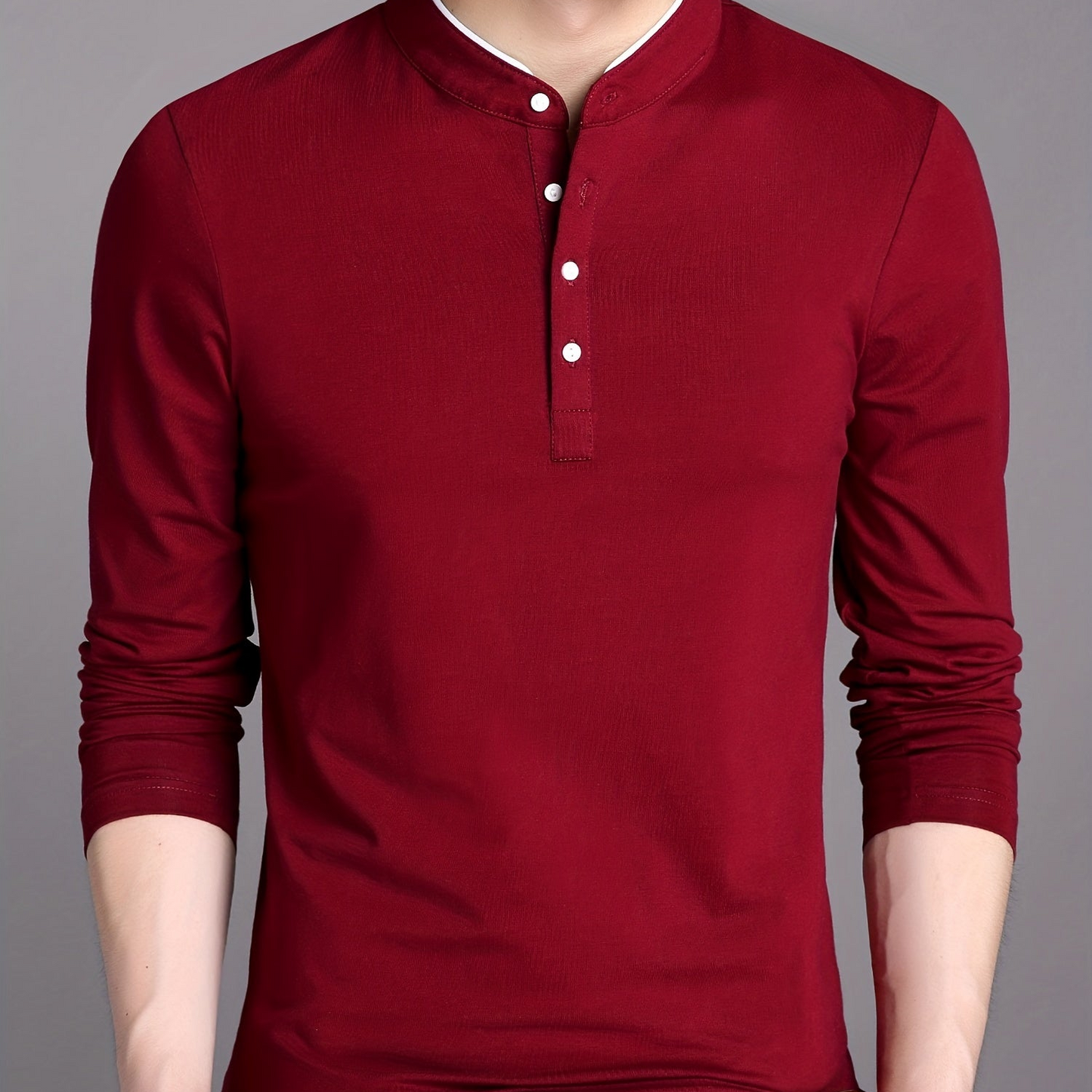 Herren Langarm Poloshirt Stehkragen Henley Stil