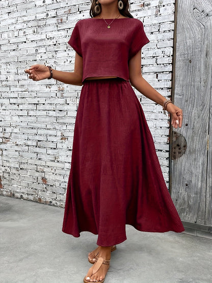 Dame todelt sæt maxi nederdel & kortærmet crop top elegant sommeroutfit