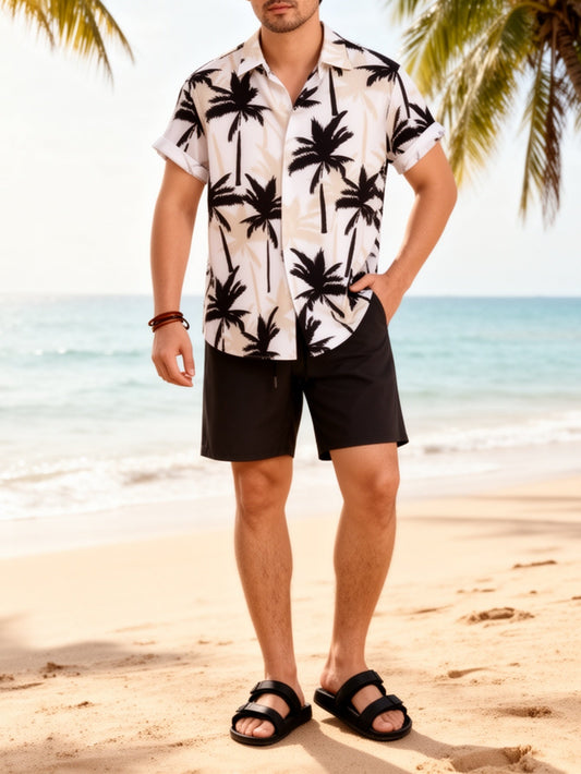 Set camicia da spiaggia e pantaloncini da uomo – motivo estivo con palme, outfit casual per vacanze e spiaggia