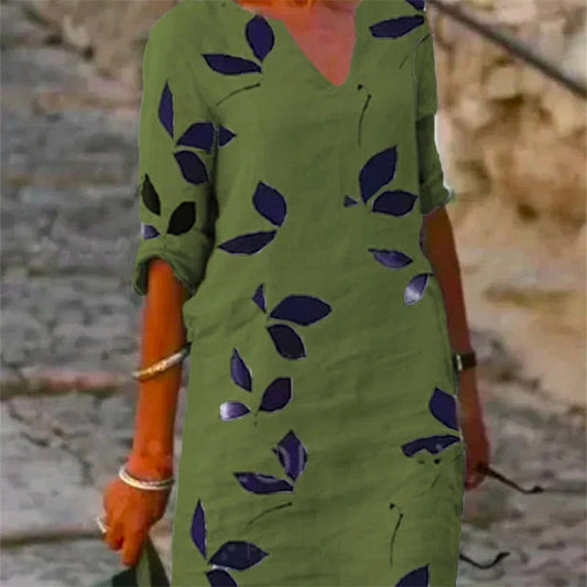 Damen Freizeitkleid mit Blattmuster – Modisches und bequemes Alltagskleid, legerer Stil