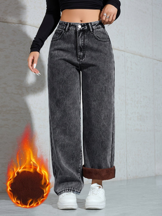 Jean pour femme, gris foncé, coupe ample, doublé chaud