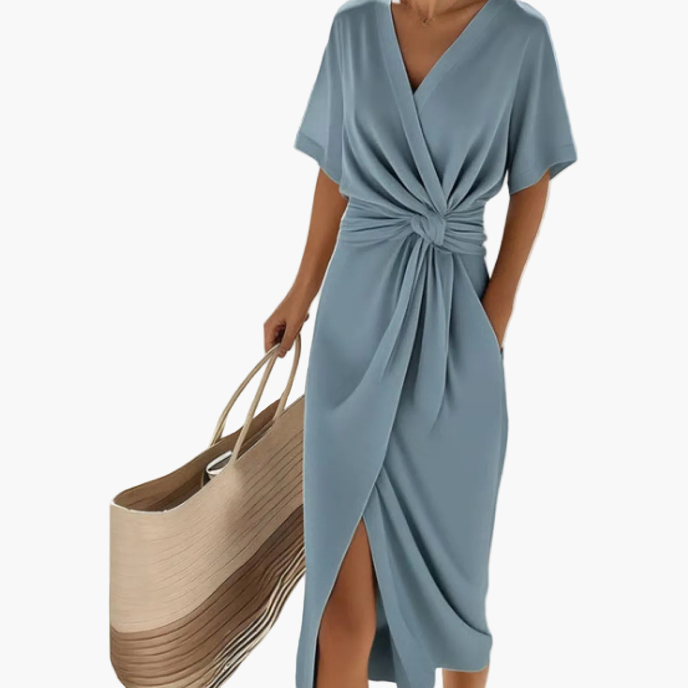 Damen Vintage Wickelkleid mit Knoten-Detail und V-Ausschnitt – Elegantes Sommerkleid für Urlaub und Freizeit