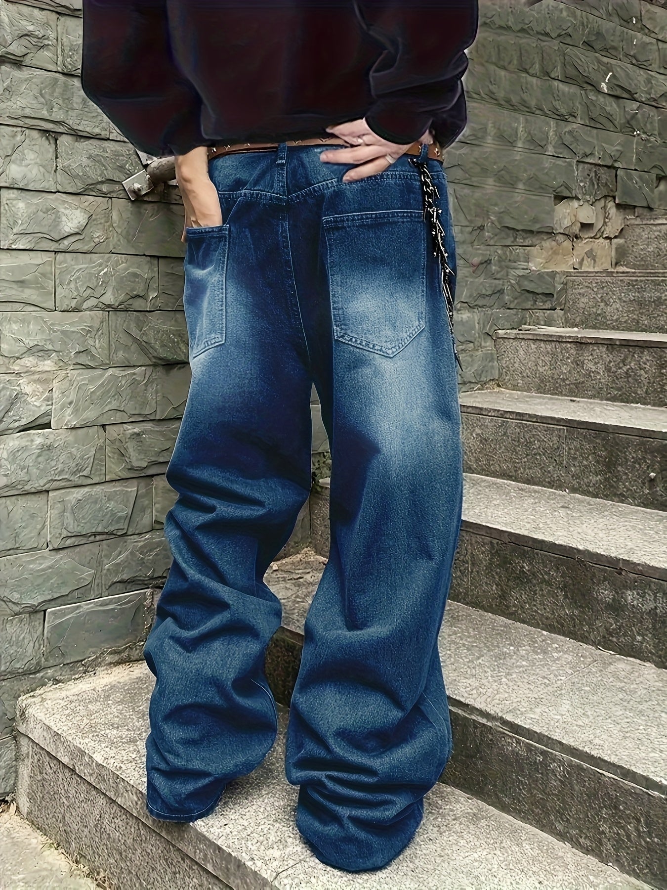 Loose Fit Jeans mit weitem Bein für Herren, Used-Look, Blau
