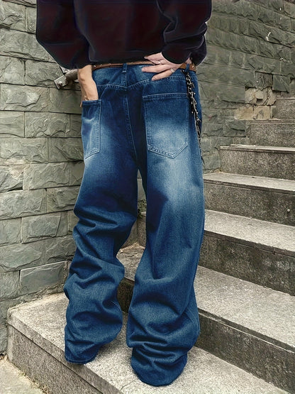 Loose Fit Jeans mit weitem Bein für Herren, Used-Look, Blau
